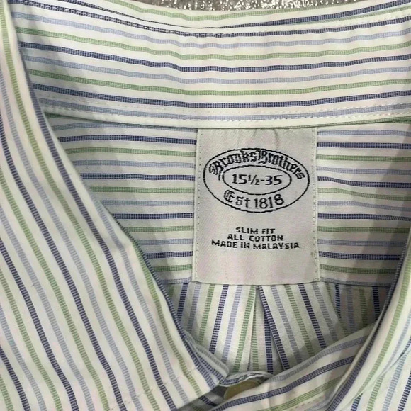 [15.5]Brooks Brothers Slim Fit All Cotton Blue/ Green  Pinstripes Dress Shirt - Picture 3 of 9